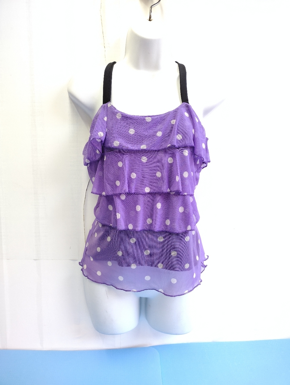 NWT Bacci Purple Polka Dot Sheer Layered Ruffle Stretch Top RacerBack Size M